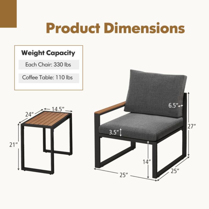Hivvago 3 Pieces Aluminum Frame Weatherproof Outdoor Conversation Set with Soft Cushions