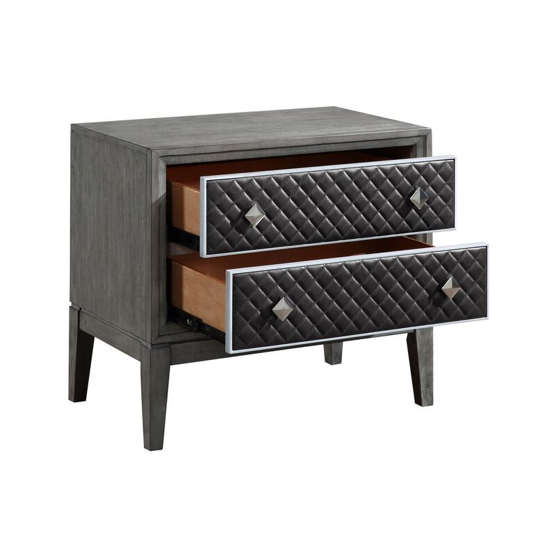 Stacy 29 Inch Nightstand, 2 Faux Leather Upholstered Drawers, Gray Wood - Benzara