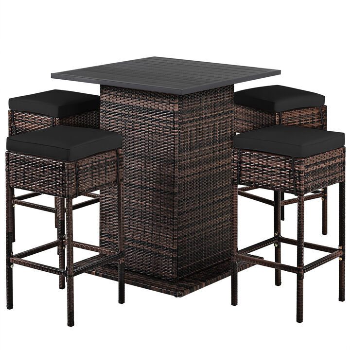 5 Pieces Patio Rattan Bar Table Stool Set Hidden Storage Shelf Cushioned