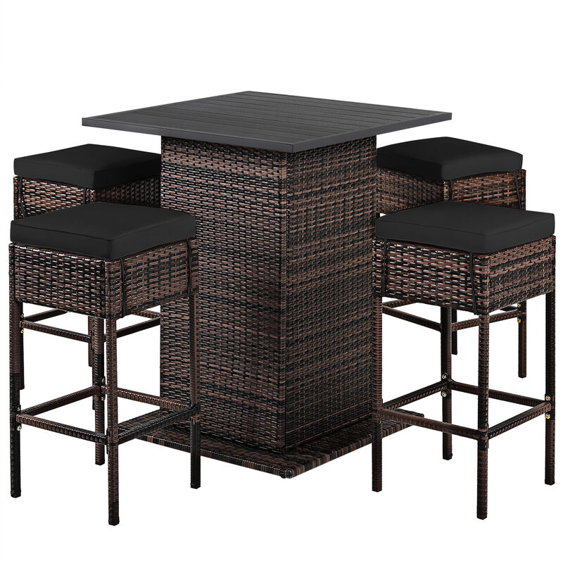 5 Pieces Patio Rattan Bar Table Stool Set Hidden Storage Shelf Cushioned