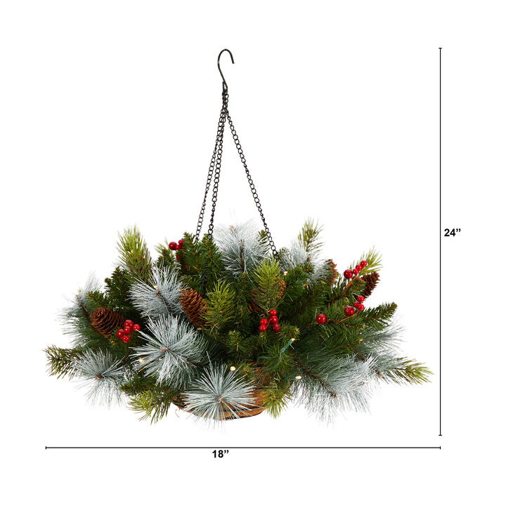 Hivvago 24" Holiday Pre-Lit (30 LED Lights) Pine and Berries Artificial Christmas Hanging Basket, Indoor Outdoor Patio Porch Decor
