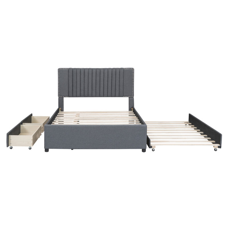 Full Size Upholstered Platform Bed With 2 Drawers And 1 Twin Size Trundle, Classic Headboard Design