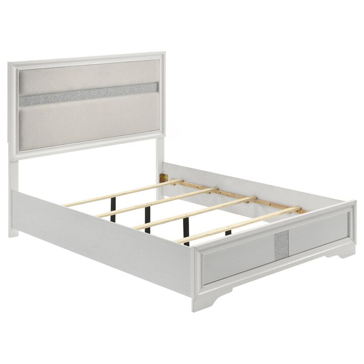 Vino Full Size Bed, Panel Headboard, White Upholstery, Glitter Stripes - Benzara