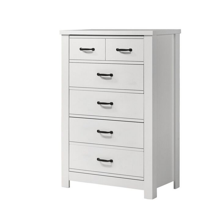 Jermy 47 Inch Tall Dresser, 5 Drawers, Black Handles, Crisp White Finish - Benzara