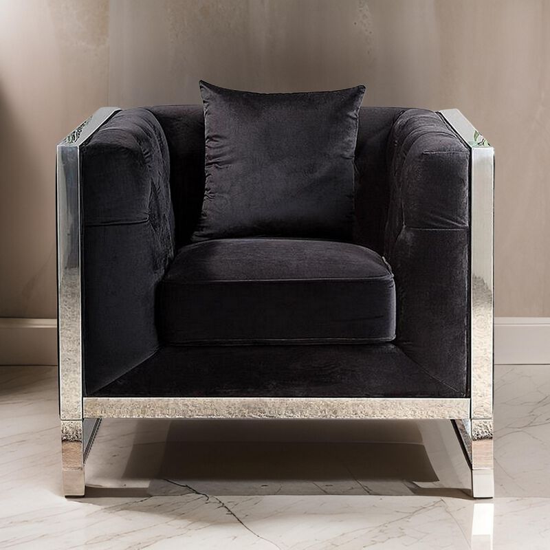 Vade 39 Inch Accent Chair, Stainless Steel Frame, Tufted Black Flannelette - Benzara