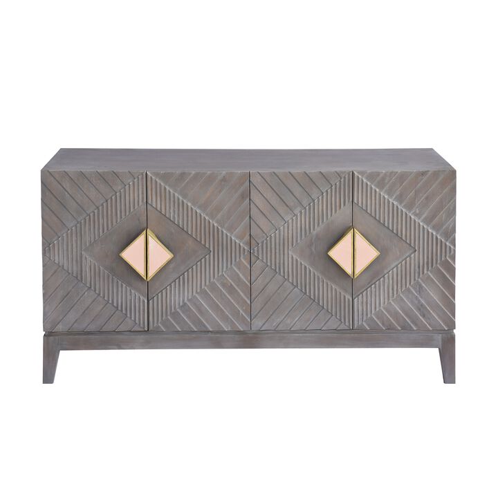 Abiel 55 Inch Mango Wood Sideboard Buffet Cabinet Console, 4 Doors, Inner Shelf, Ornate Diamond Carving, Gray-Benzara