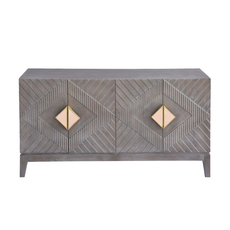 Abiel 55 Inch Mango Wood Sideboard Buffet Cabinet Console, 4 Doors, Inner Shelf, Ornate Diamond Carving, Gray-Benzara