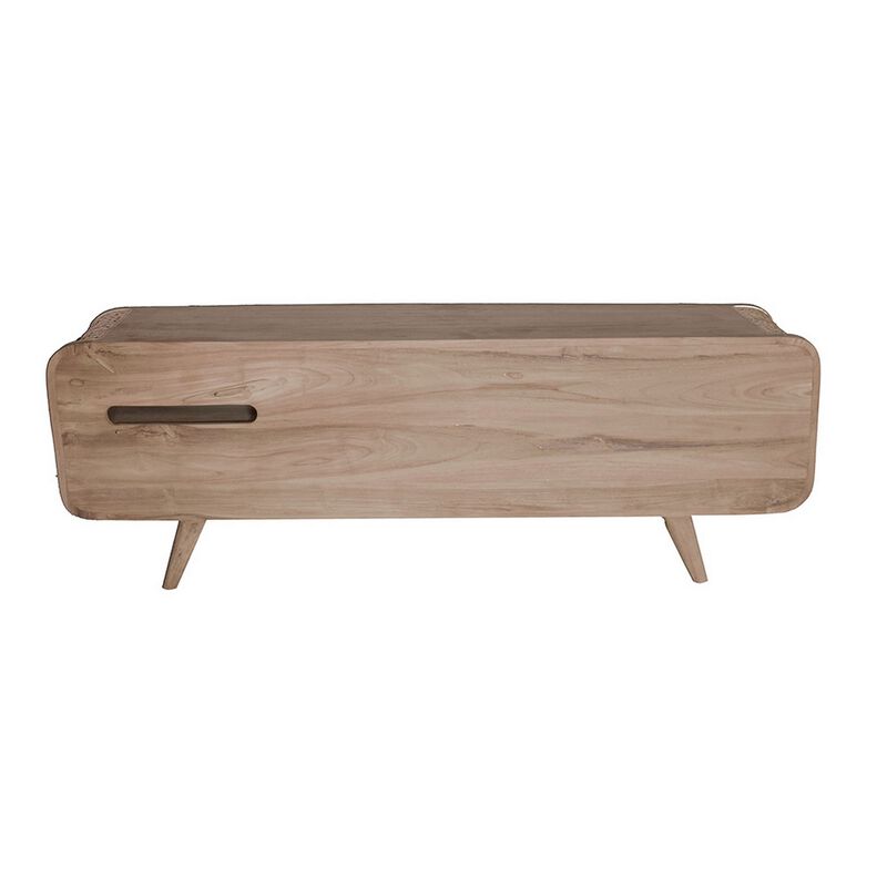 59 Inch TV Entertainment Console, Sliding Doors, Teak Wood, Rattan, Brown - Benzara