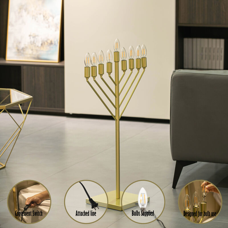 Large Modern Antique Gold Nine Branch Electric Chabad Style Hanukkah Menorah with Flame Shaped LED Bulbs