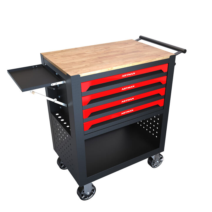 4 DRAWERS MULTIFUNCTIONAL TOOL CART WITH WHEELS AND WOODEN TOP-ORANGE