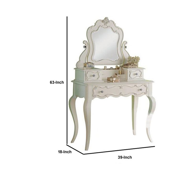 63 Inch Wood Classic Vanity Desk with Mirror, 3 Drawers, Carved, White - Benzara