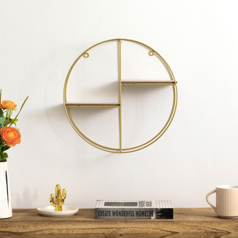 Vintiquewise Elegant 2-Tier Decorative Floating Circular Silhouette Wall Shelf - Circular Metal and Wood Wall-Mounted Shelf for Entryway, Bathroom, Bedroom, and Living Room Decor, Gold Finish