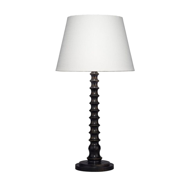 Dio 31 Inch Table Lamp, White Slub Drum Shade, Black Turned Wood Base - Benzara