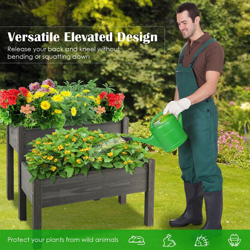 2 Tier Wooden Elevated Planter Box with Legs and Drain Holes for Balcony and Yard