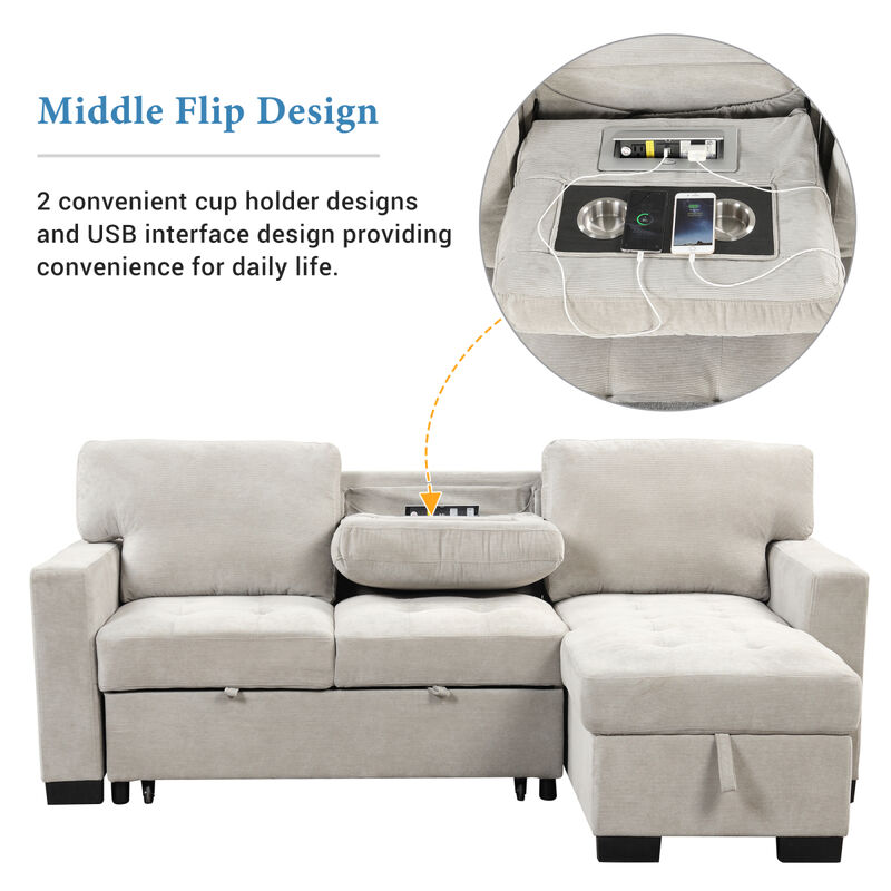 Light Gray Chaise Lounge Sectional with Storage and USB Charger