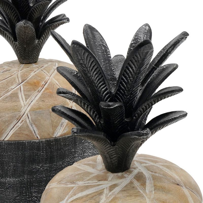 14, 12, 11 Inch Lidded Jar, Pineapple Design, Gray Mango Wood, Set of 3-Benzara