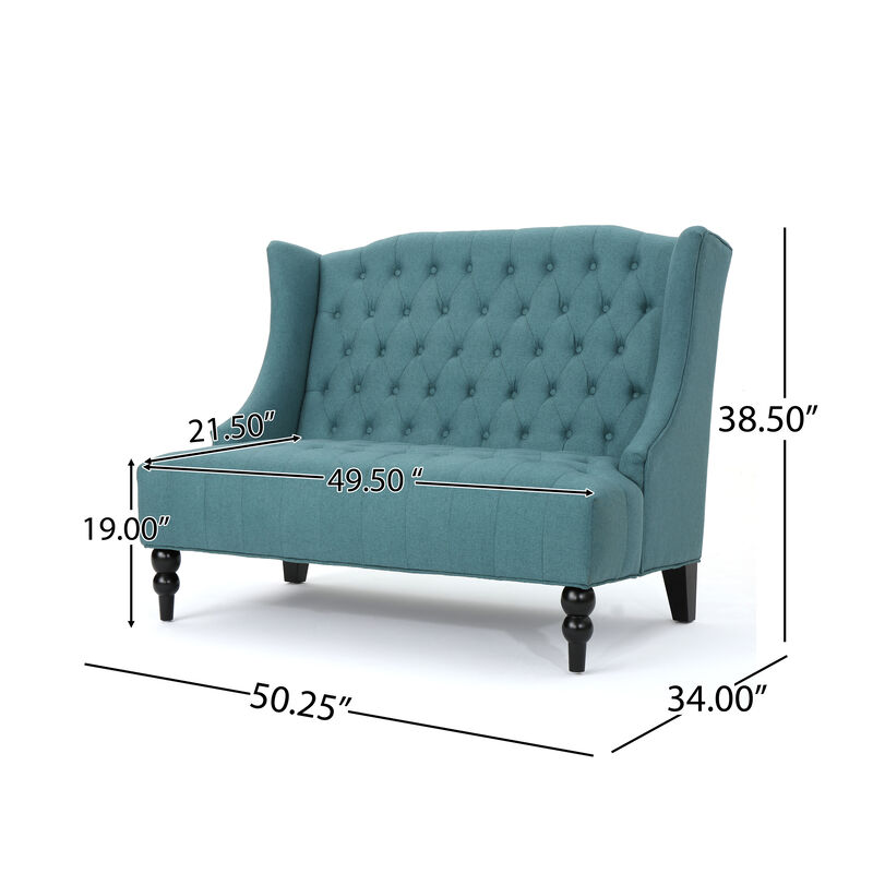 Lanny Loveseat Settee, Wingback Bench 50 Inch Wood, Tufted Teal Velvet - Benzara