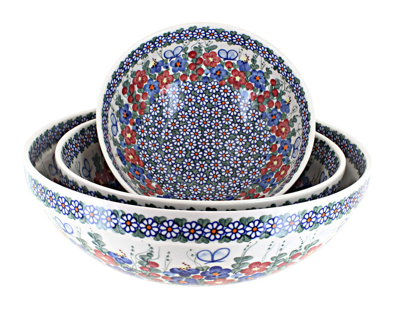 Blue Rose Polish Pottery Garden Butterfly 3 Piece Serving Bowl Set