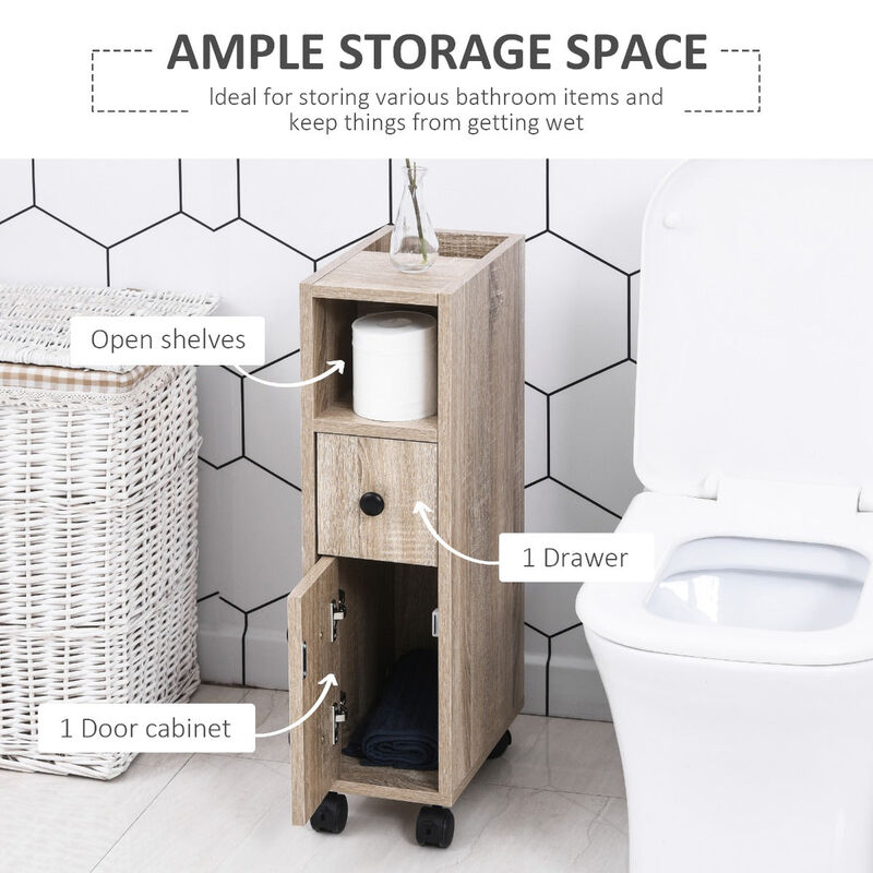 Oak Bathroom Storage: Compact Cabinet with Wheels and Multiple Compartments