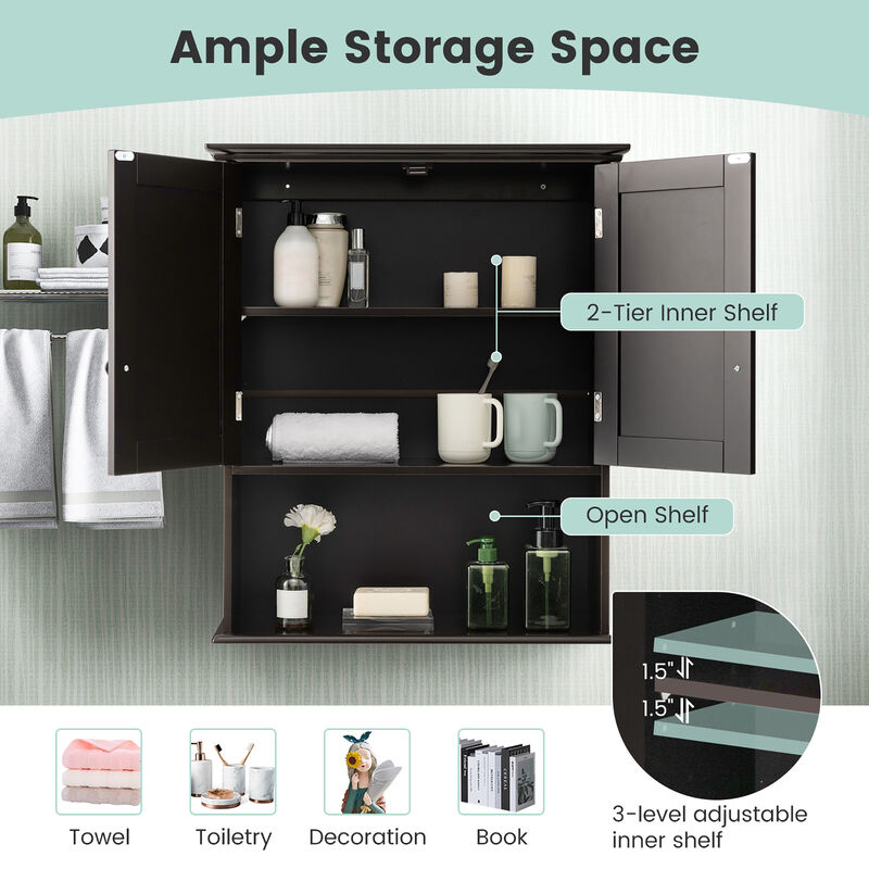 Costway Wall Mount Bathroom Cabinet Wooden Medicine Cabinet Storage Organizer Espresso