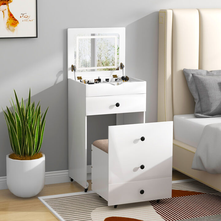 3-in-1 Vanity Set with Cushioned Stool and Flip-Up Mirror for Stylish Bedroom or Dressing Area