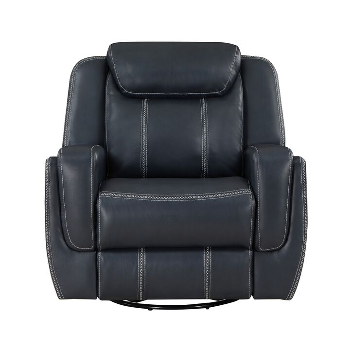 Louise 40 Inch Swivel Glider Manual Recliner Chair, Blue Faux Leather - Benzara