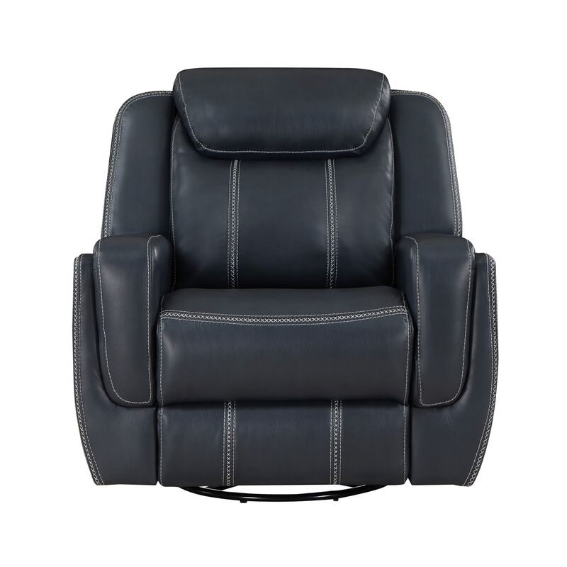 Louise 40 Inch Swivel Glider Manual Recliner Chair, Blue Faux Leather - Benzara