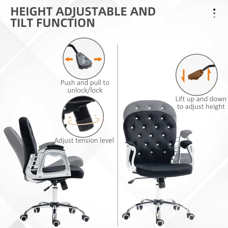 Black Velvet Office Chair: Button Tufted, Adjustable, Swivel