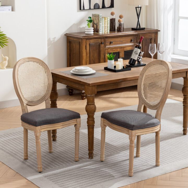 French Style Solid Wood Frame Antique Painting Linen Fabric Rattan Back Dining Chair, Set Of 2, Gray