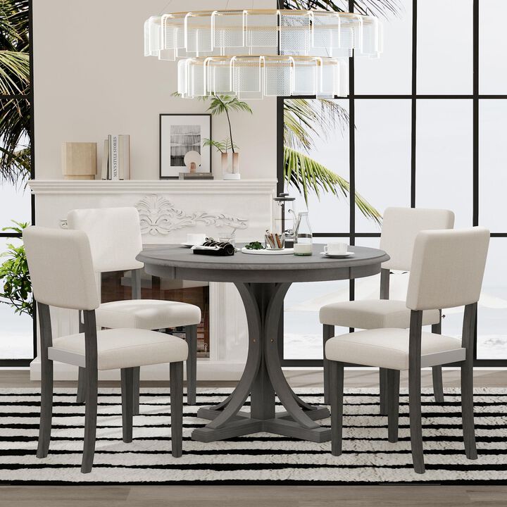 5-Piece Retro Dining Table Set Round Table with Curved Trestle Base and 4 Stylish Chairs for Elegant Dining Spaces
