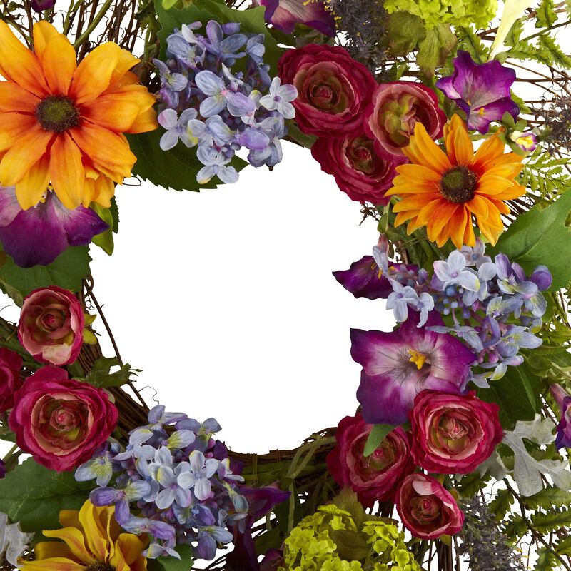 Nearly Natural 24-in Spring Garden Wreath w/Twig Base