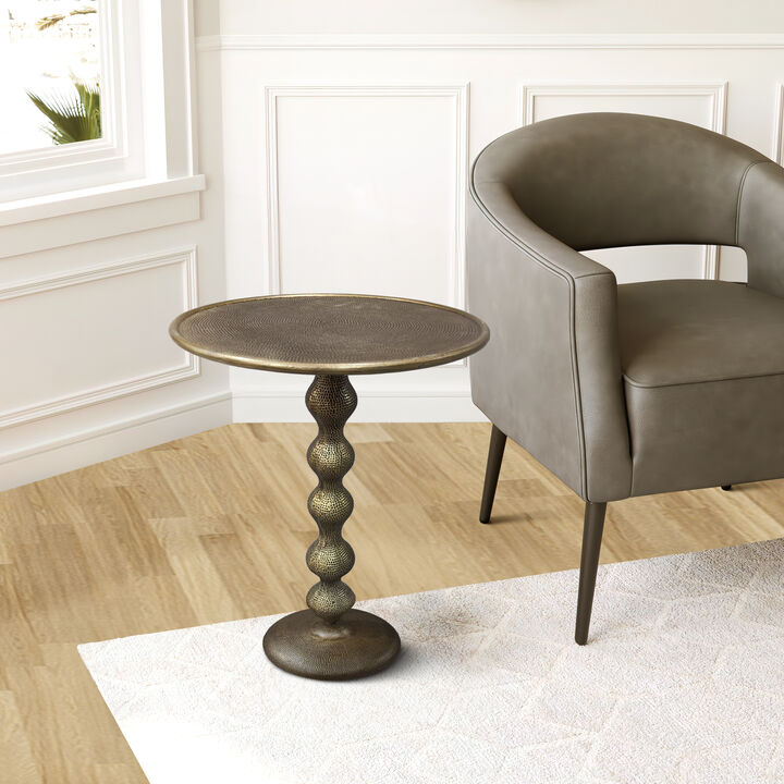 Shae 22 Inch Round Side End Table - Antique Brass Cast Aluminum with Hammered Texture For Small Places - Benzara
