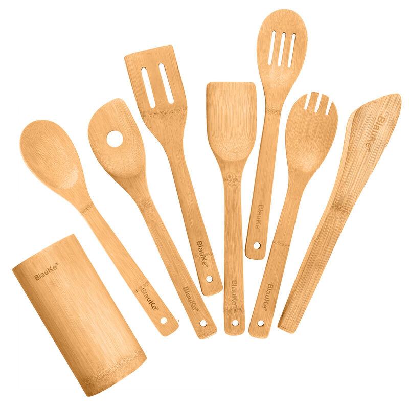 Bamboo Kitchen Utensils Set 8-Pack - Wooden Cooking Utensils for Nonstick Cookware - Wooden Cooking Spoons, Spatulas, Turner, Tongs, Utensil Holder