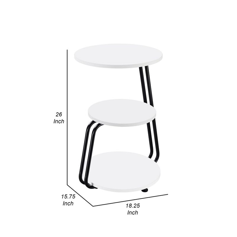 26 Inch Side End Table, 3 Tier Design, Black Metal Frame, White Finish - Benzara