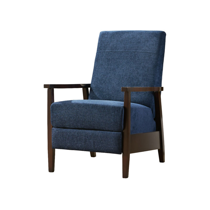 Yahya Manual Recliner Chair, Ergonomic Brown Rubberwood, Navy Blue Fabric - Benzara