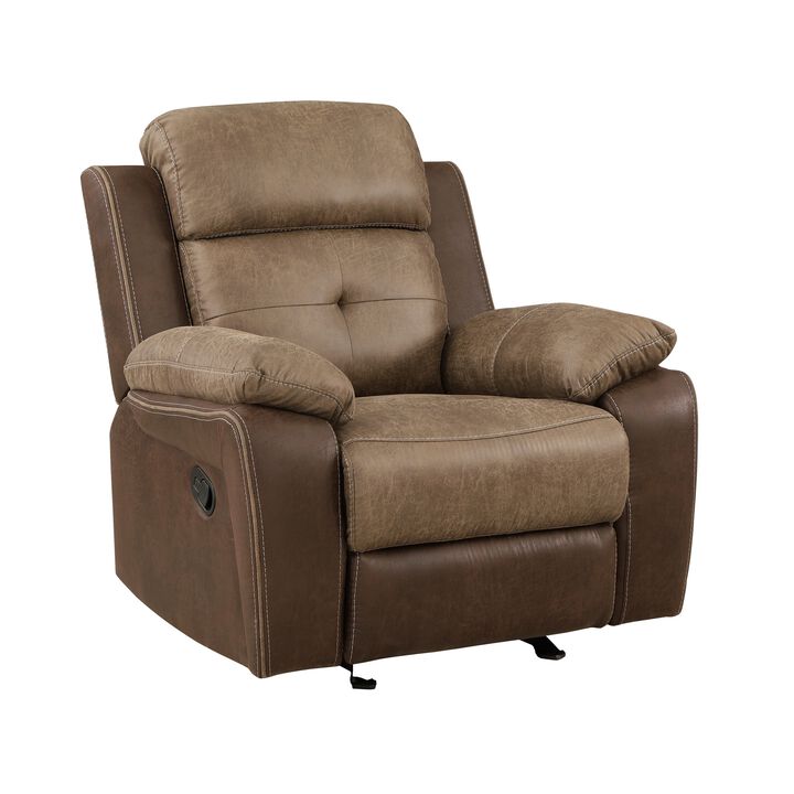 Emma 38 Inch Manual Glider Recliner Chair, Brown Microfiber, Solid Wood - Benzara