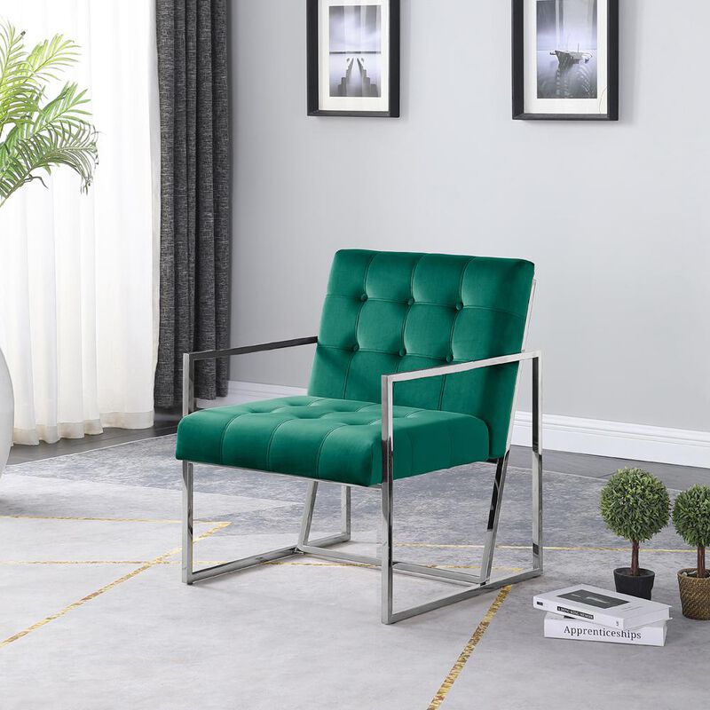Beethoven 31.5" Velvet Accent Chair in Green/Silver Plated