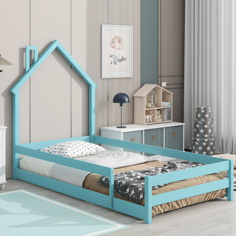 Twin Size Wood bed with House-shaped Headboard Floor bed with Fences,Light Green