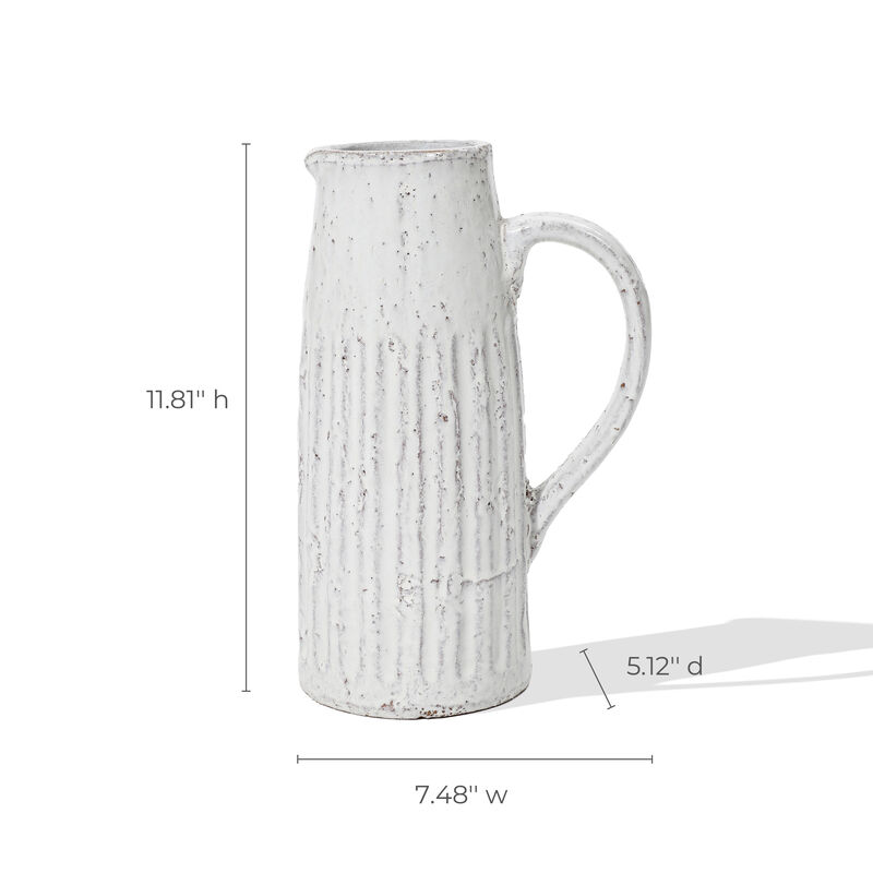 LuxenHome Vintage White Ribbed Terracotta Pitcher Vase with Handle