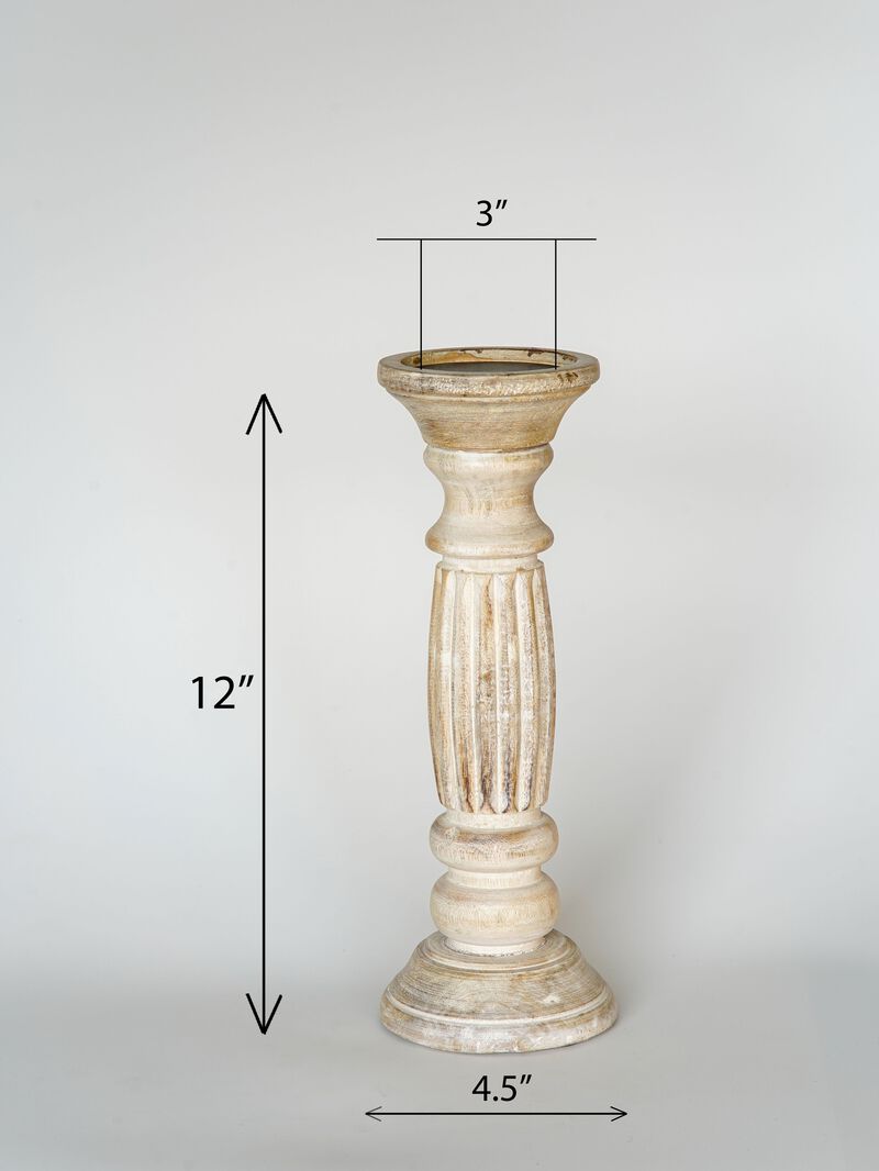 Traditional Antique White Eco-friendly Handmade Mango Wood Set Of One 12" Pillar Candle Holder