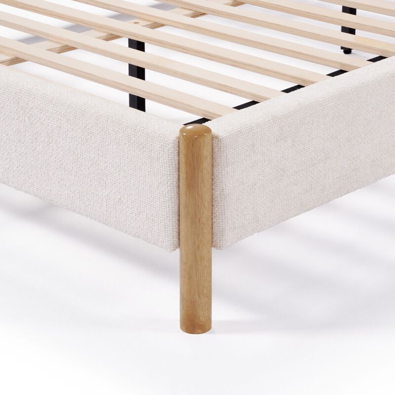 LuxenHome Vertical Rolls Upholstered Headboard with Rubberwood Legs Platform Bed, Queen