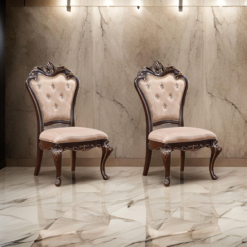 Leon 22 Inch Set of 2 Tufted Dining Chairs, Cherry Brown Wood, Beige Fabric - Benzara