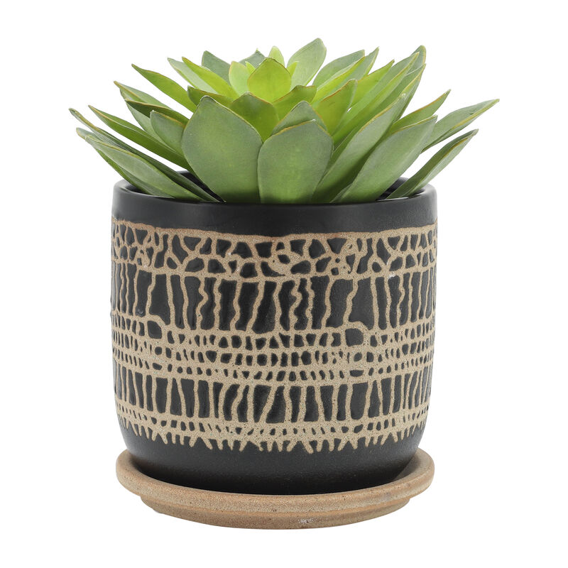 Glazed Planter with Saucer, Black Set