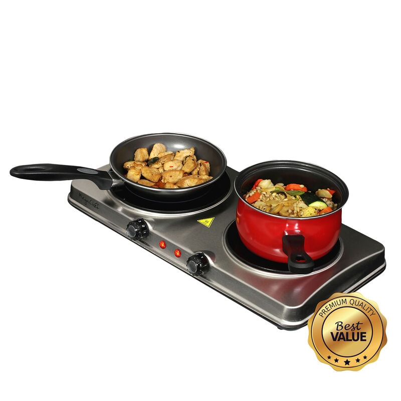 MegaChef Electric Easily Portable Heavy Duty Lightweight Dual Size Infrared Burner Cooktop Buffet Range in Sleek Steel