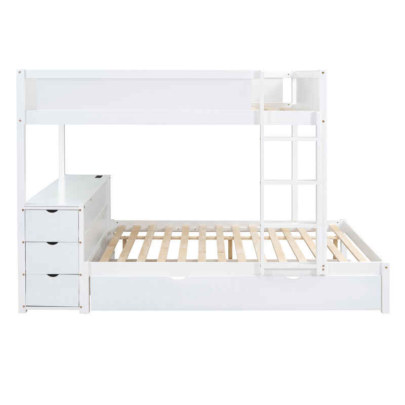 Full Over Full Bunk Bed With Twin Size Trundle, Storage And Desk, White