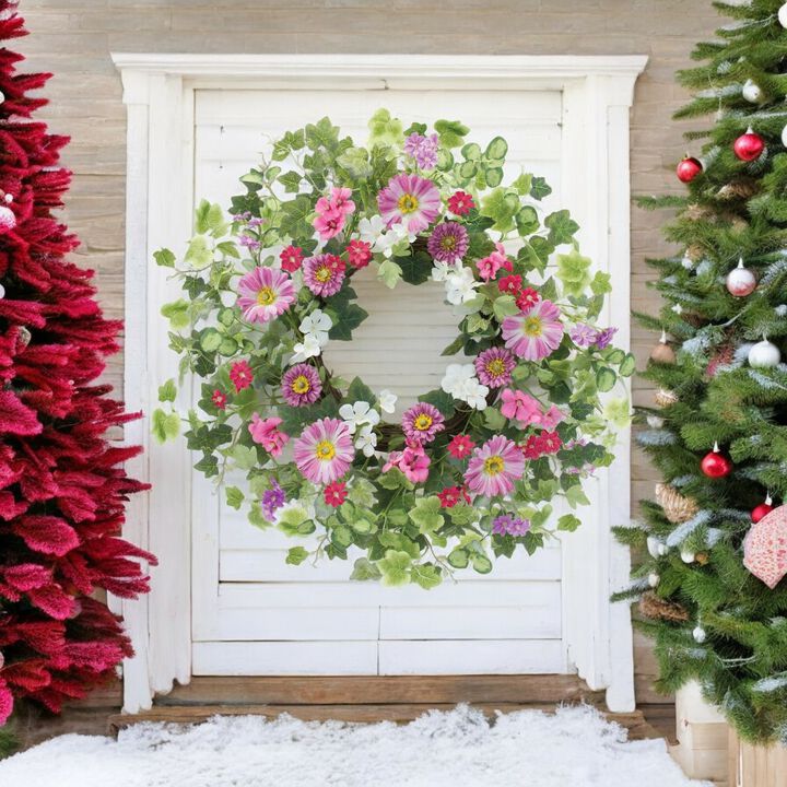 Mixed Floral Wreath Decorative Door or Wall Accent for Home or Seasonal Decor