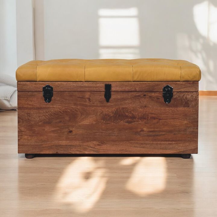 Artisan Furniture Solid Wood Buffalo Hide Honey Caramel Storage Trunk