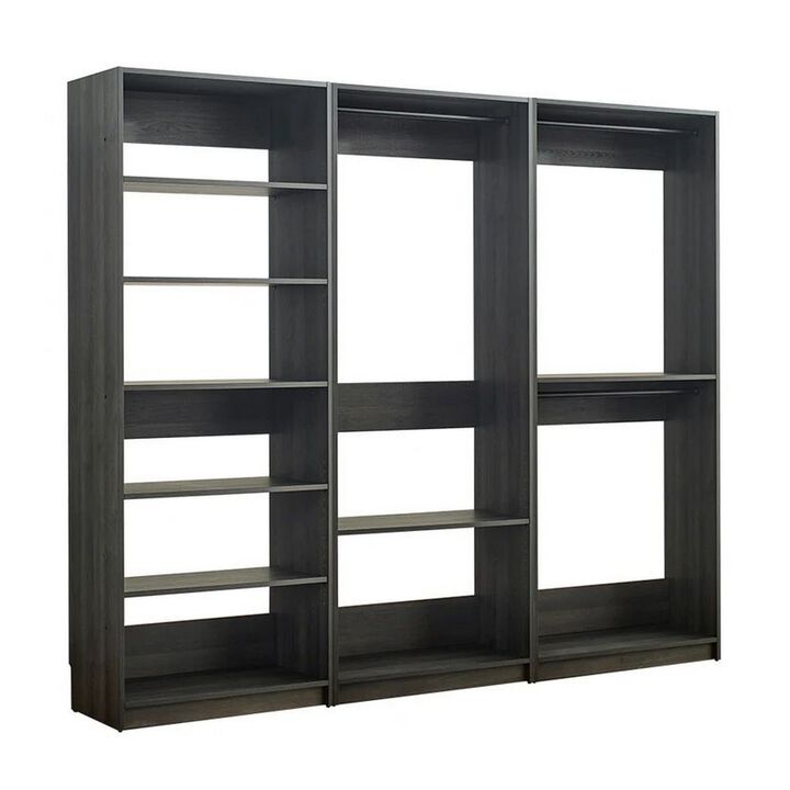 Dee Modular Closet System, 3 Hanging Rods and 6 Shelves, Dark Gray Wood - Benzara