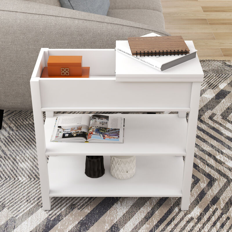 Narrow Sided Table With Drawers And Bottom Partition In Flip Over Design - White