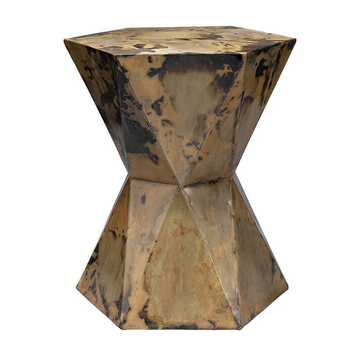 19 Inch Modern Side End Table, Hourglass Shape, Iron Patina Finish, Gold-Benzara